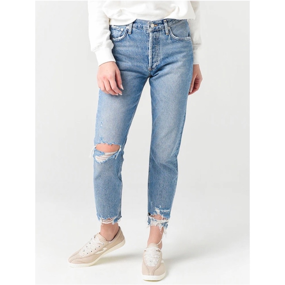 AGOLDE‎ | Distressed High Rise Button Fly Denim Blue Jeans in Jamie Sz. 27
